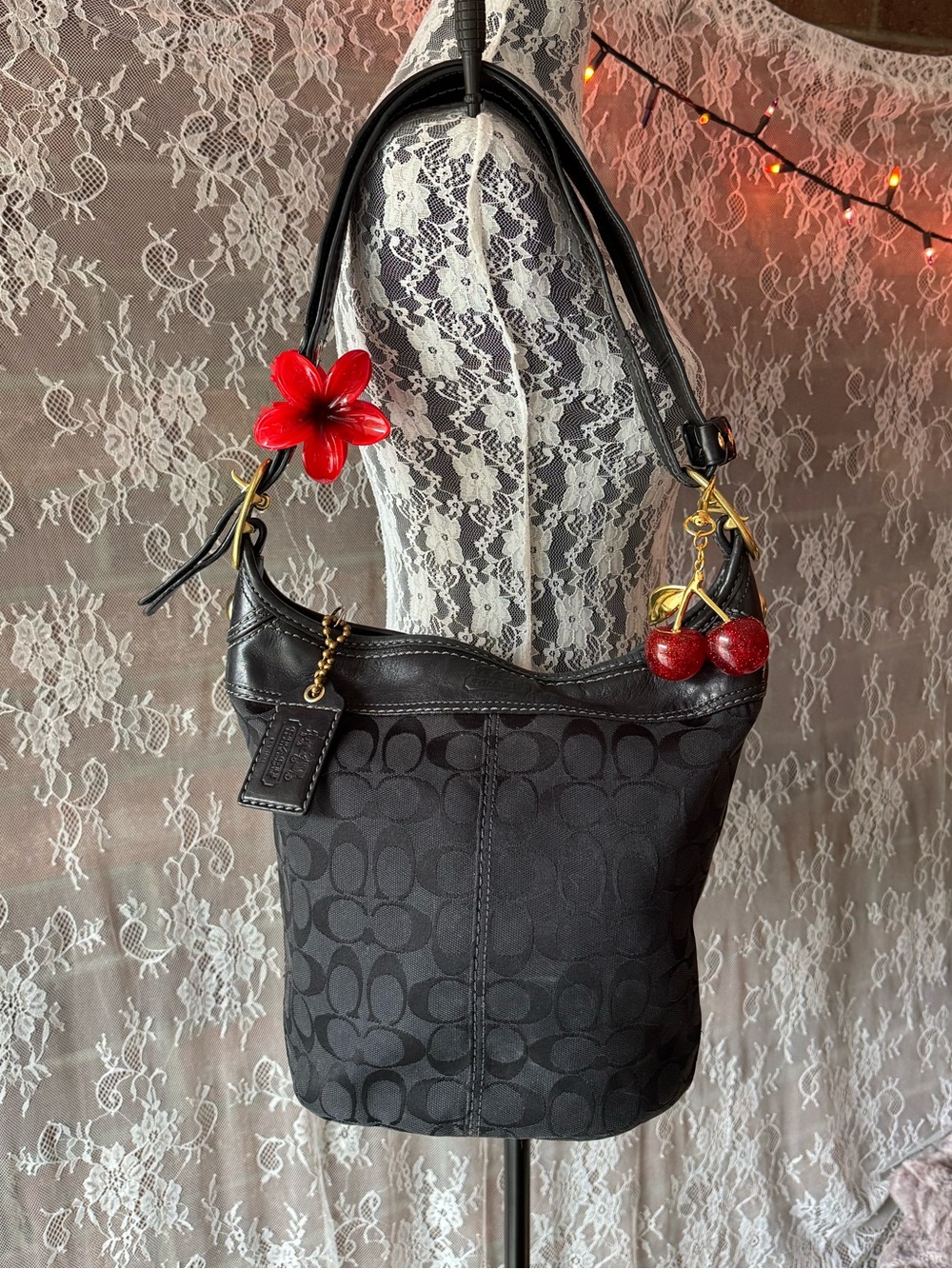 Coach Black Signature Monogram Shoulder Bag with Cherry Charm